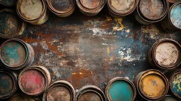 Rusty paint cans arranged around a weathered surface photo