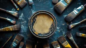 Aged Paintbrushes Surround A Used Paint Can photo