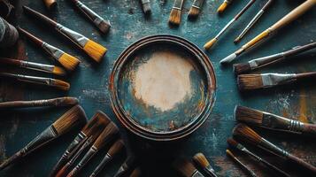 Paintbrushes surrounding a paint tin on a dark surface photo