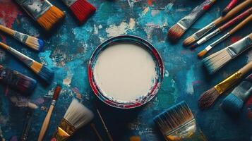 Paintbrushes surround a can of white paint on a colorful canvas photo