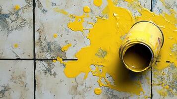 Yellow Paint Spilled On A Cracked Tile Floor photo