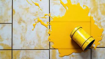 A yellow paint can is sitting on a tiled floor photo