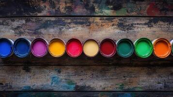 Colorful paint cans arranged on rustic wooden surface photo
