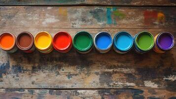 Rainbow Paint Pots Arranged On Weathered Wooden Surface photo