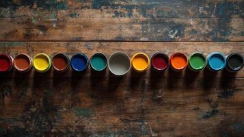 Colorful paint pots arranged on a rustic wooden surface photo