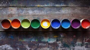 Colorful Paint Cans Arranged on a Wooden Surface photo