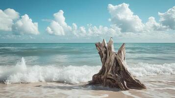 Weathered driftwood stands on a tranquil ocean beach photo
