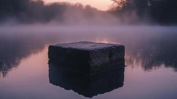 A solitary stone rests on a misty lake at dawn photo