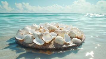 Seashells arranged on sand in shallow ocean water photo