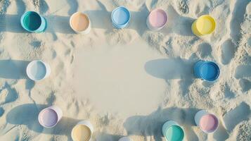 Pastel paint cans arranged in a circle on sand photo
