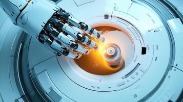 Robotic Arm Interacting With Futuristic Technology Device photo