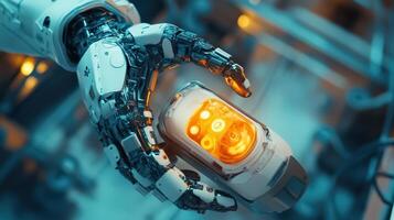Robotic Arm Holding Illuminated Technological Device photo