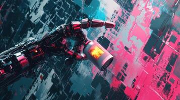 Robotic Arm Holding Glowing Spray Can Against Abstract Art photo