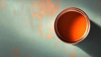 Orange Paint Can on a Textured Green Surface photo