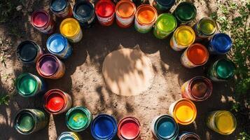 Paint buckets arranged in a circle with a circle in the middle photo