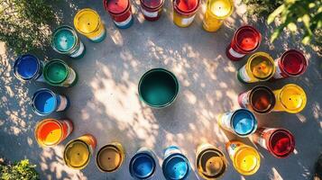 Colorful Paint Cans Arranged in a Circular Pattern photo