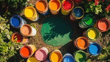 Colorful paint buckets in a circle photo