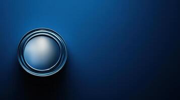 A dark blue paint can sits on a matching background photo