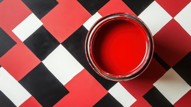 Red Paint Can on a Black and Red Checkerboard photo