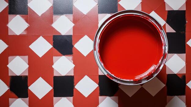 rojo pintar lata en un rojo blanco y negro diamante piso foto