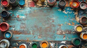 Colorful Paint Cans Arranged on a Weathered Wooden Surface photo