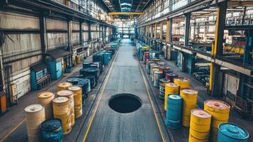 Industrial Factory Interior With Barrels And Hole photo