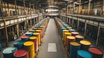 Colorful paint barrels inside a large industrial warehouse photo