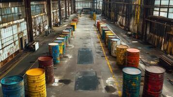 Colorful barrels line a decaying industrial factory floor photo