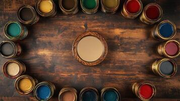 Colorful Paint Cans Surround Wooden Framed Mirror photo