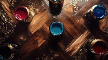 Colorful Paint Pots Arranged on Ornate Wooden Surface photo