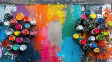 Colorful Paint Cans Against Abstract Painted Background photo