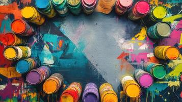 Colorful paint cans arranged around a vibrant painted background photo