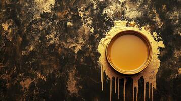 Golden Paint in a Metal Can on Dark Background photo