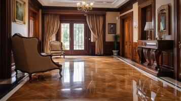 Elegant Foyer With Polished Floor And Rich Woodwork photo
