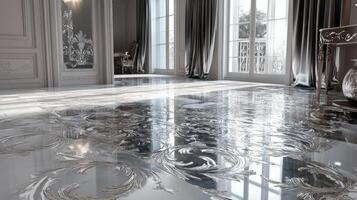Elegant Room Featuring Ornate Floor and Silver Accents photo