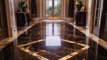 Elegant Mansion Entrance Hallway Polished Marble Floor photo