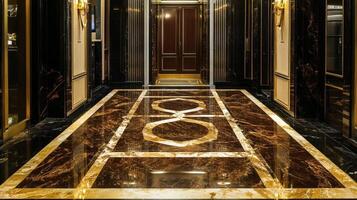 Elegant hallway with dark marble floor and gold accents photo