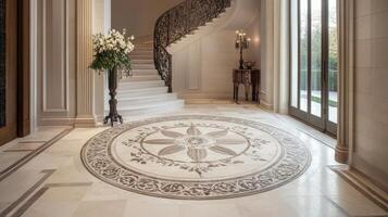 Elegant Marble Foyer with Ornate Flooring and Grand Staircase photo