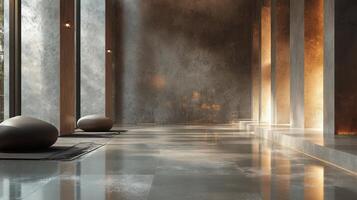 Modern minimalist interior design with stone accents and subtle lighting photo