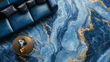 Blue Leather Sofa Gold Accent Table Marble Floor photo