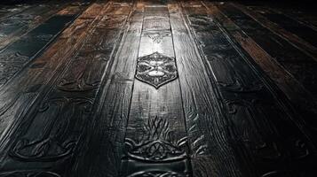 A dark wood floor with a decorative pattern photo