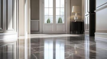 A marble floor in a hallway with white trim photo