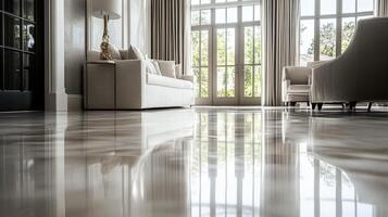 A living room with a large window and a marble floor photo