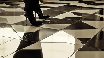 A woman in high heels standing on a tiled floor photo