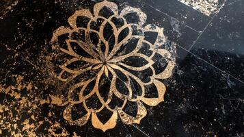 A black marble floor with gold designs photo