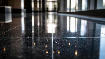 A black marble floor with reflections of light photo