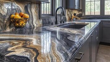 A kitchen with a marble counter top and sink photo