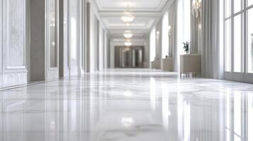 A long hallway with marble floors and white walls photo