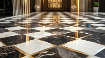 A marble floor with gold and black tiles photo