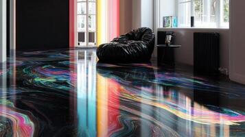 A room with a black chair and a colorful floor photo